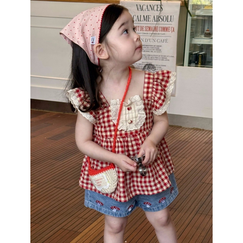 [DOO]64045091 유아동 레드체크 프릴 상하복