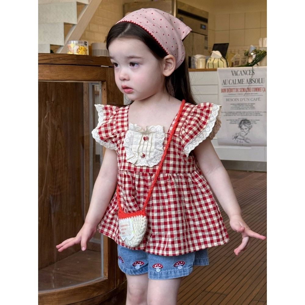 [DOO]64045091 유아동 레드체크 프릴 상하복