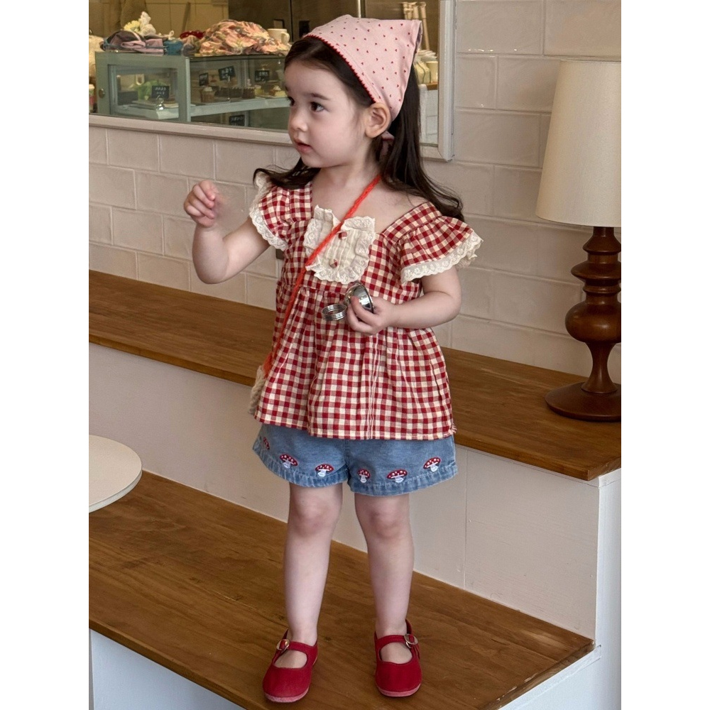 [DOO]64045091 유아동 레드체크 프릴 상하복