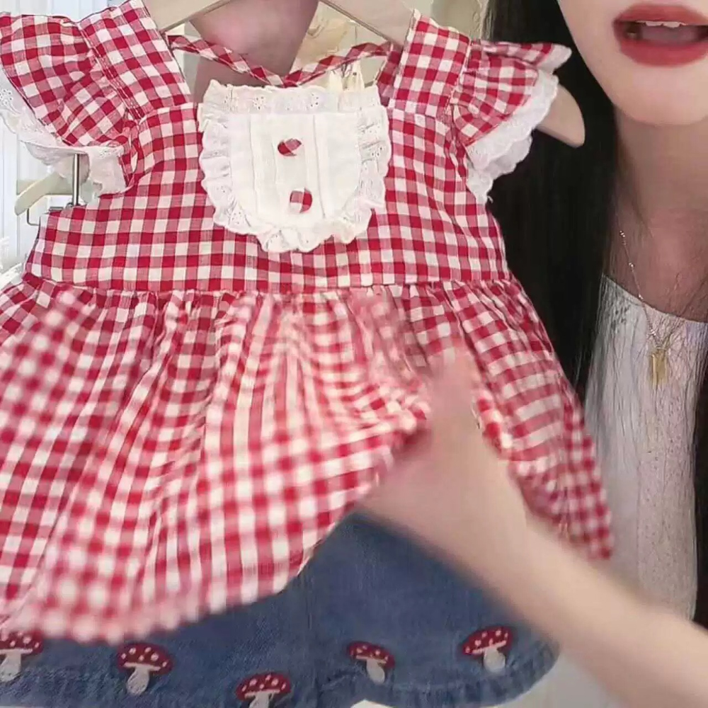 [DOO]64045091 유아동 레드체크 프릴 상하복