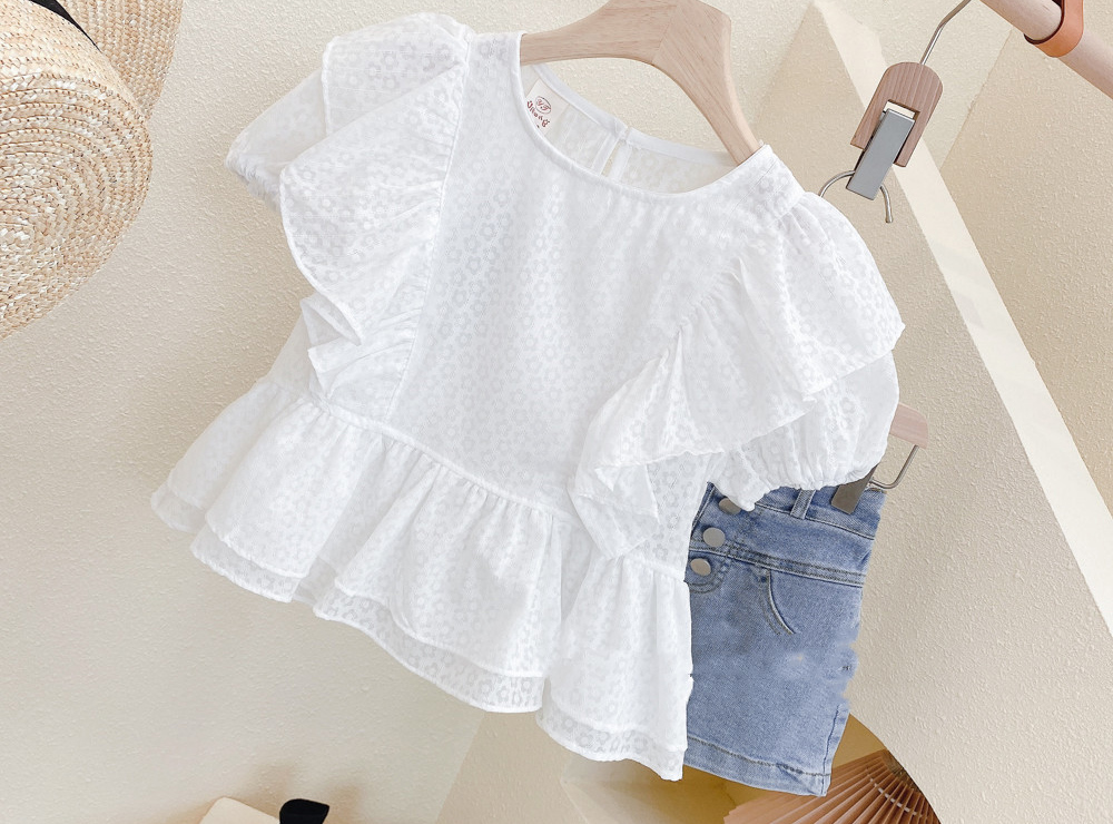 [DOO]25141648 실버튼 숏팬츠 흰블라우스 세트 청반바지 꽃 프릴 소매 라운드 셔츠