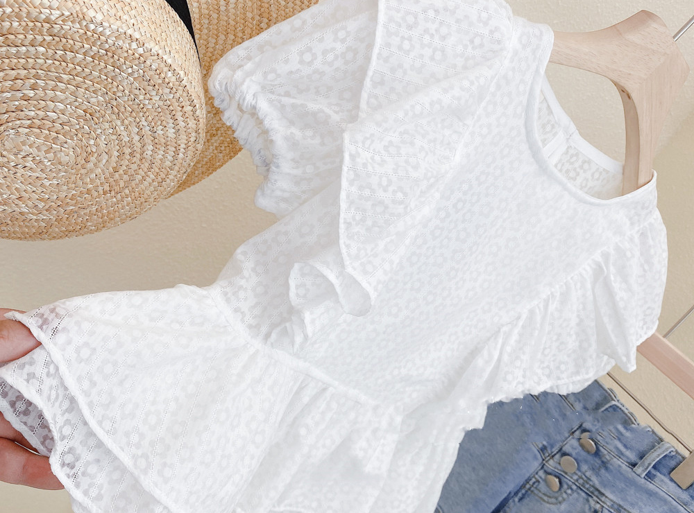 [DOO]25141648 실버튼 숏팬츠 흰블라우스 세트 청반바지 꽃 프릴 소매 라운드 셔츠