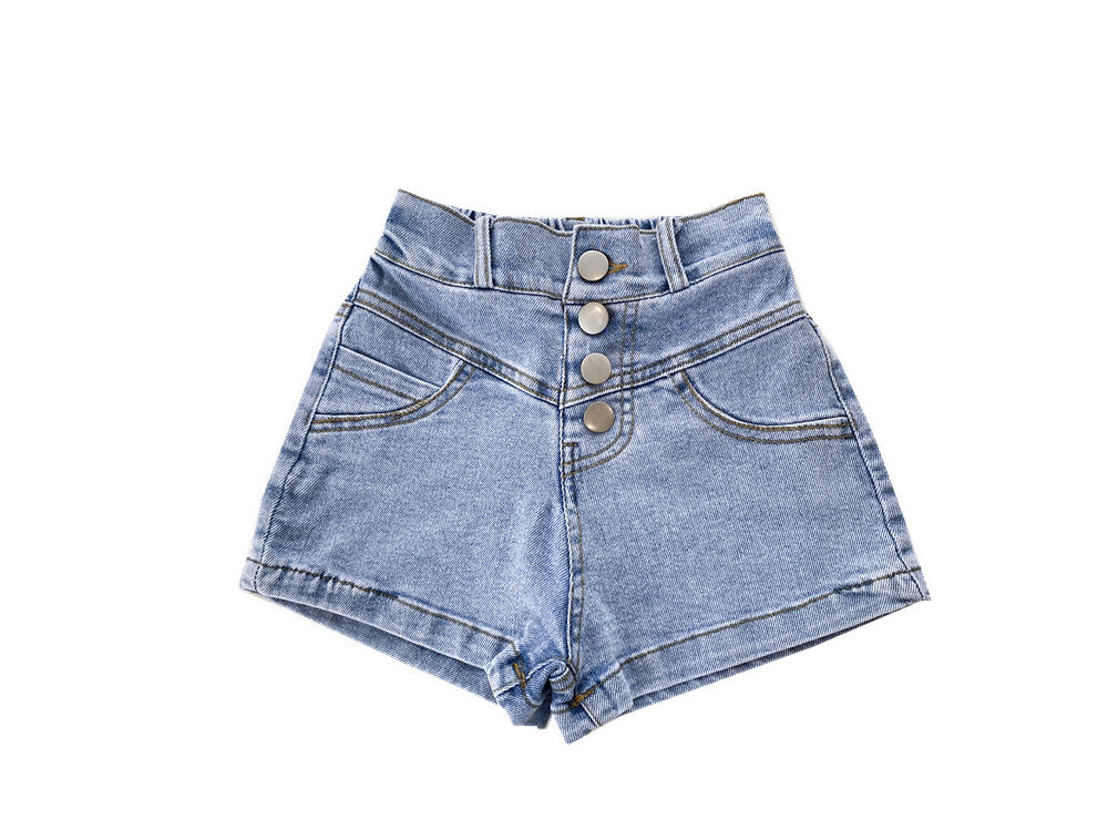 [DOO]25141648 실버튼 숏팬츠 흰블라우스 세트 청반바지 꽃 프릴 소매 라운드 셔츠