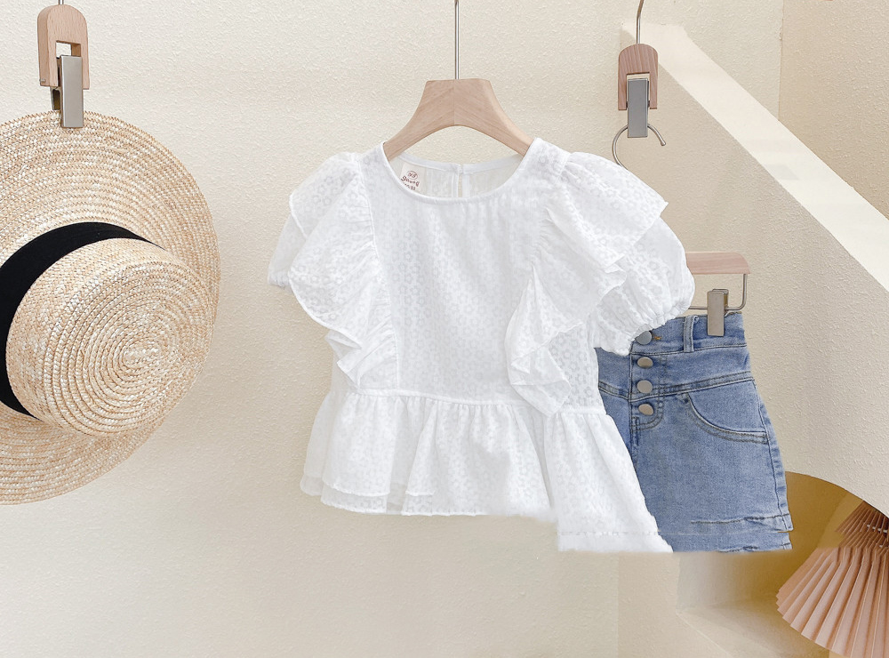 [DOO]25141648 실버튼 숏팬츠 흰블라우스 세트 청반바지 꽃 프릴 소매 라운드 셔츠