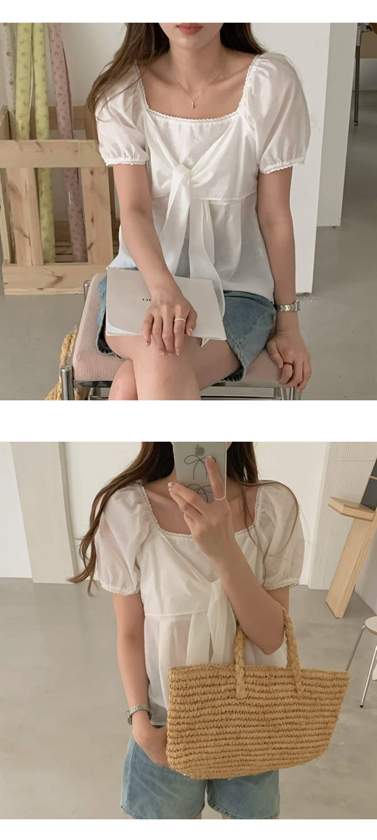 ONN [BL693]스트링 레이어드 퍼프 블라우스