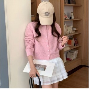 무료[ONN/[CD547]부클 크롭 가디건 라운드넥 나그랑 숄더 여리여리 프론트 버튼 숏가디건 크롭 날씬핏