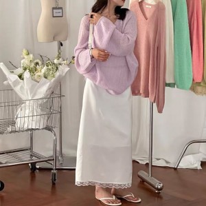 무료[ONN/[SK236]레이스 밑단 롱 스커트 뒤지퍼 디테일 러블리 뒤트임 h라인 니트,블라우스 코디 페미닌룩