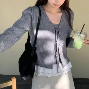 무료 [ONN/ [CD550]레이스 나시 가디건 세트 브이넥 리본 스트링 숏한 길이 크롭 가디건 캉캉 나시 페미닌룩