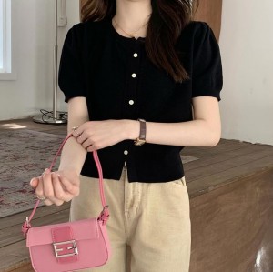 [제이스] 크롭 반팔 니트 (4Color) 데일리룩 프론트 단추 오픈클로징 볼륨 소매 여성스러운 가디건 스웨터