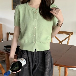 [제이스] 크롭 반팔 니트 (4Color) 데일리룩 프론트 단추 오픈클로징 볼륨 소매 여성스러운 가디건 스웨터