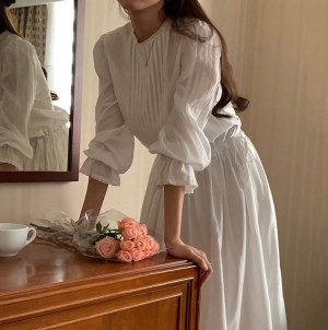 무료 [ONN/ [OPS1445]핀턱 스트링 롱 원피스 넥라인 레이스 러블리 허리 스트링 플레어 스커트 모임룩