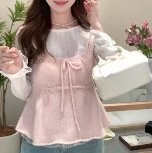 [ONN/ [VT110]리본 끈나시 조끼 코디 니트 러블리 여성스러움 레이어드 데일룩 페미닌 스타일