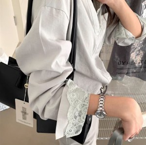 [ONN/ [ST150]레이스 레이어드 셔츠 카라넥 클래식룩 레이스카라 포켓 포인트 프론트 버튼 소매 레이스
