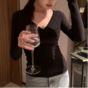 ONN/ [T299]레이스 골지 티셔츠 러블리룩 파인 브이넥 골지 셔츠 이너웨어 페미닌룩 일상룩 나들이룩