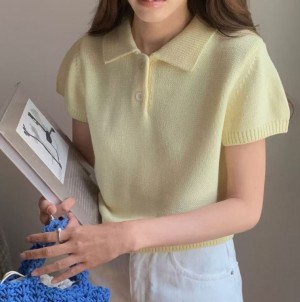 ONN/ [NT647]카라넥 퍼프 반팔 니트 카라 셔츠 오픈 클로징 퍼프 반팔 소매 러블리룩 시보리 허리 라인
