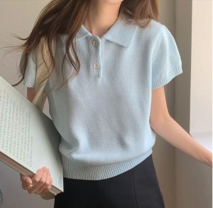 ONN/ [NT647]카라넥 퍼프 반팔 니트 카라 셔츠 오픈 클로징 퍼프 반팔 소매 러블리룩 시보리 허리 라인