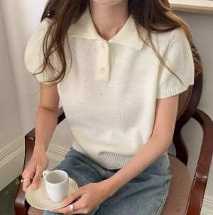 ONN/ [NT647]카라넥 퍼프 반팔 니트 카라 셔츠 오픈 클로징 퍼프 반팔 소매 러블리룩 시보리 허리 라인