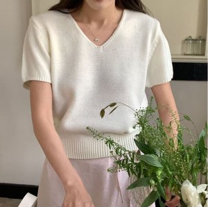 [ONN/ [NT649]브이넥 퍼프 반팔 니트 여름 브이넥 셔츠 로맨틱 메탈 와펜 허리 라인 파스텔 색상 반팔 니트