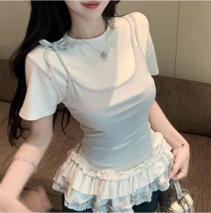 [ONN/[T339]나시 레이어드 프릴 캉캉 티셔츠 끈나시 민소매 스트링 레이어드 데이트룩 프릴 여름 반팔 셔츠 