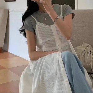 무료 ONN/ [OPS1451]레이스 나시 버튼 롱 원피스 러블리룩 끈나시 여리여리한 프론트 버튼 레이어드 여행룩 나들이룩