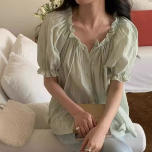 [ONN/[BL629]프릴 퍼프 반팔 블라우스 플라워 스트링 끈  러블리 셔링 로맨틱 여성스런 루즈핏 반팔 페미닌룩