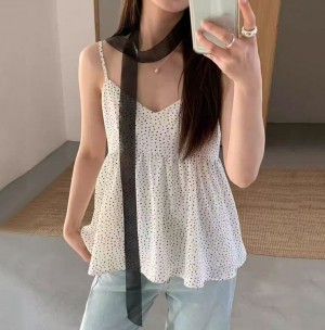 무료 ONN/ [BL632] 여름 브이넥 끈나시 머플러 도트 나시 블라우스 플레어 밑단 여성스런 페미닌 블라우스
