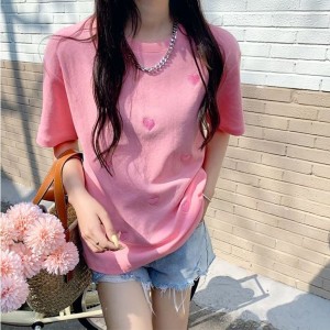 DOO/56831331 여름 고급 면 하트 데일리 티셔츠 반팔 자수 여성 루즈핏 반팔티 색상 다양 하트 무늬 반팔티