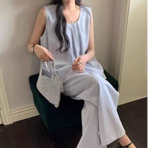 무료 ONN [SET332] 여성 여름 정장 린넨 민소매 블라우스 와이드 팬츠 투피스 라운드넥 허리 스트링 와이드 팬츠