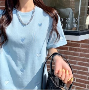 DOO/56831331 여름 고급 면 하트 데일리 티셔츠 반팔 자수 여성 루즈핏 반팔티 색상 다양 하트 무늬 반팔티
