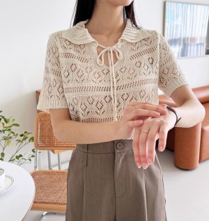 DOO 57264543 여자 펀칭 짜임 여름 시그널 카라 리본 스카시 반팔 니트 러블리하고 귀여운 스타일 