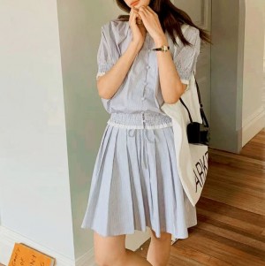 무료[ONN/[SET333]라운드넥 여성 세트 코디 스트라이프 블라우스 미니 스커트 투피스 소라,차콜
