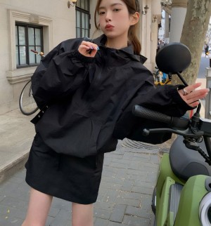 무료[EF064]달리아 바람막이+스커트 세트 한벌 캐주얼 간절기 드롭 숄더 미니 스커트 검정색 66 레저룩