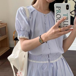 무료[ONN/[SET333]라운드넥 여성 세트 코디 스트라이프 블라우스 미니 스커트 투피스 소라,차콜