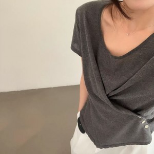 ONN/[NT652]여성 사선 랩 버튼 반팔 니트 ~77 신축성 좋은 시원한 셔츠 차콜 블랙 외 6종
