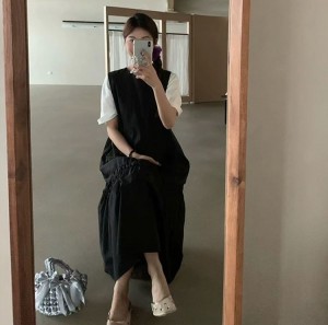 ONN/[OPS1459]라운드넥 여름 민소매 셔링 나시 롱 원피스 아이보리 소라 블랙 봄 가을 44~66