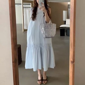 ONN/[OPS1459]라운드넥 여름 민소매 셔링 나시 롱 원피스 아이보리 소라 블랙 봄 가을 44~66
