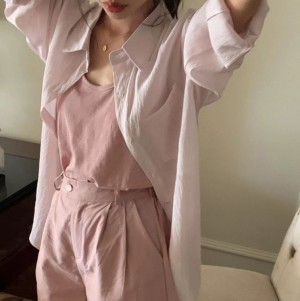 ONN [ST116] 긴소매 봄 가을 린넨 셔츠+나시 세트 카라넥 루즈핏 캐주얼룩 옐로우 바이올렛 색상다양