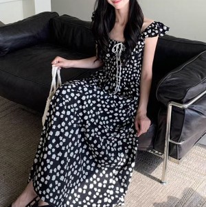 무료 [ONN][OPS1472] 여리여리 라운드 넥 허리 라인 플라워 나시 리본 롱 원피스 아이보리 블랙