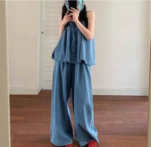 무료ONN/[SET334]데님 나시 블라우스 와이드 팬츠 투피스 (세트제품) 발랄 귀여운 코디 체형커버 끈조절
