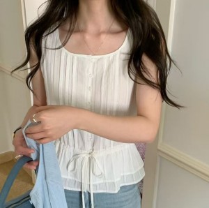 ONN [BL680]핀턱 스트링 민소매 블라우스 허리 스트링 2단 캉캉밑단 여성스러움 나시 블라우스